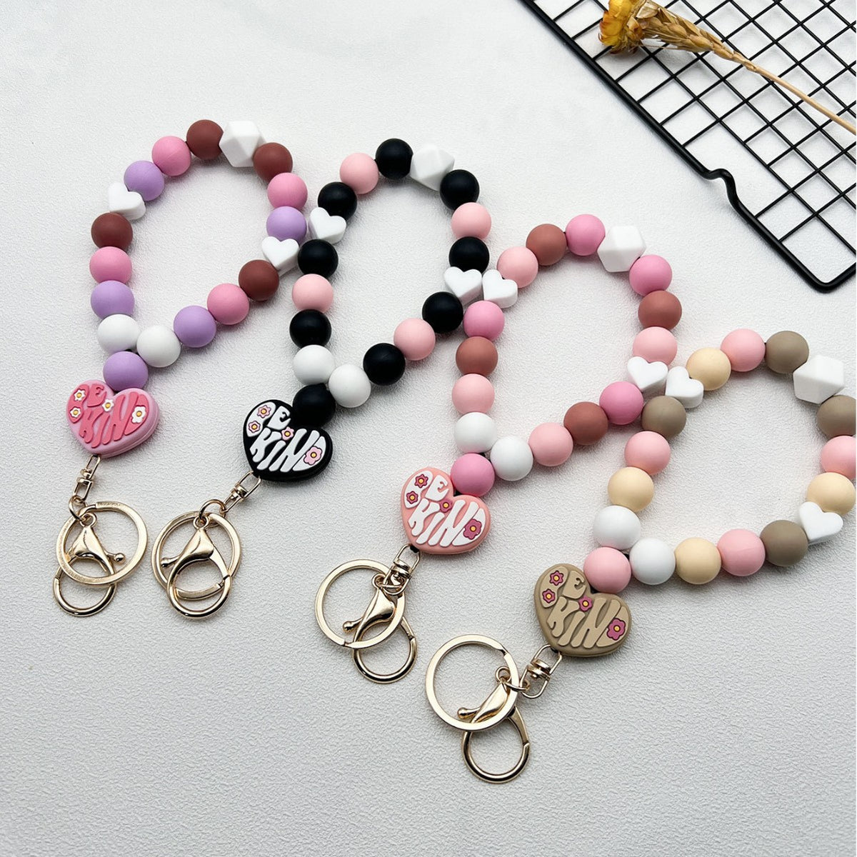 Heart Charm Beaded Bangle Keychain - Pink