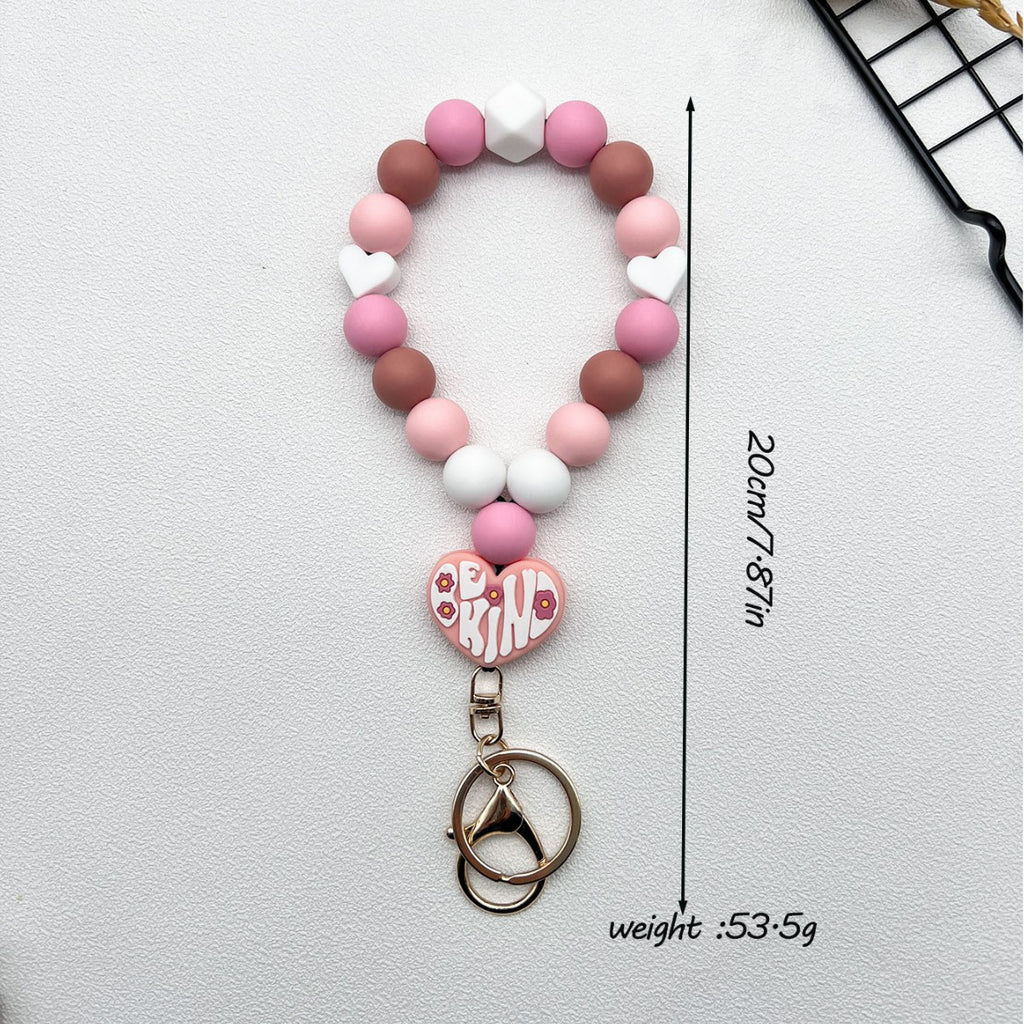 Heart Charm Beaded Bangle Keychain - Pink - 1