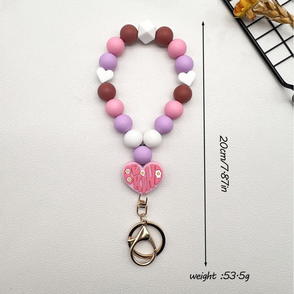 Heart Charm Beaded Bangle Keychain - Purple
