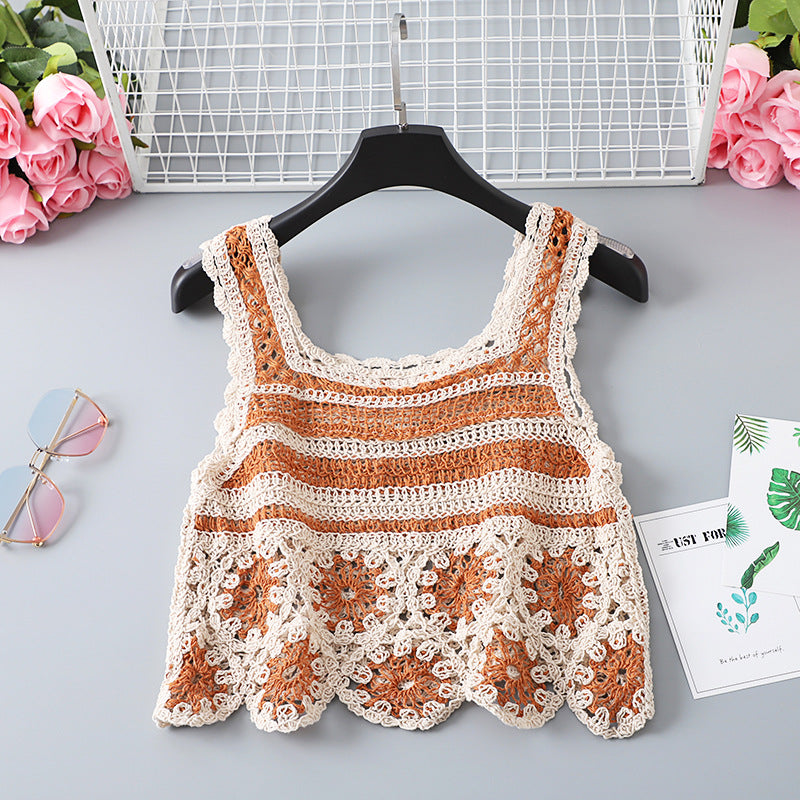 Striped Crochet Scalloped Hem Crop Vest - OrangeRed