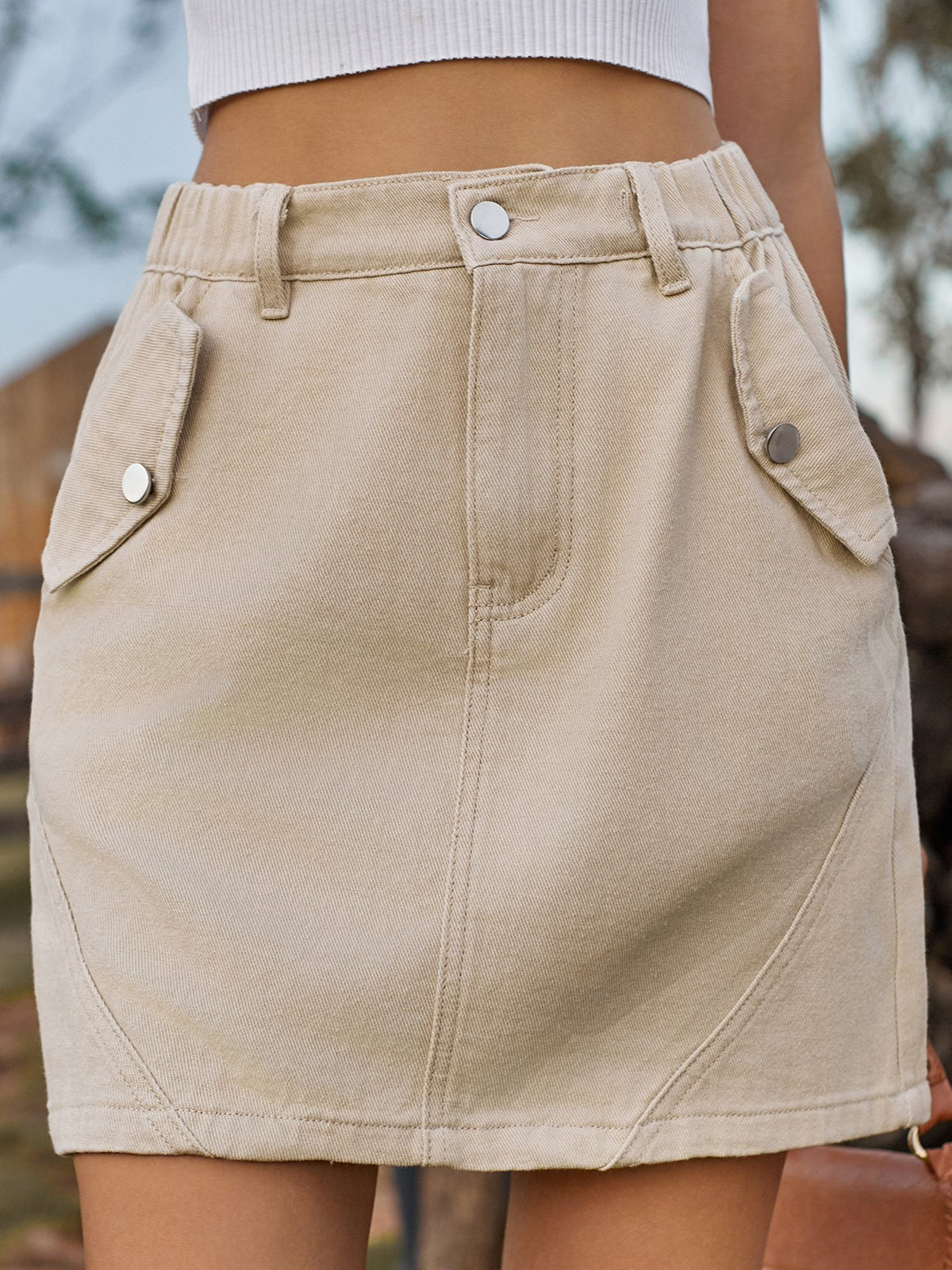 High Rise Flap Pocket Cargo Mini Skirt - Beige - 1