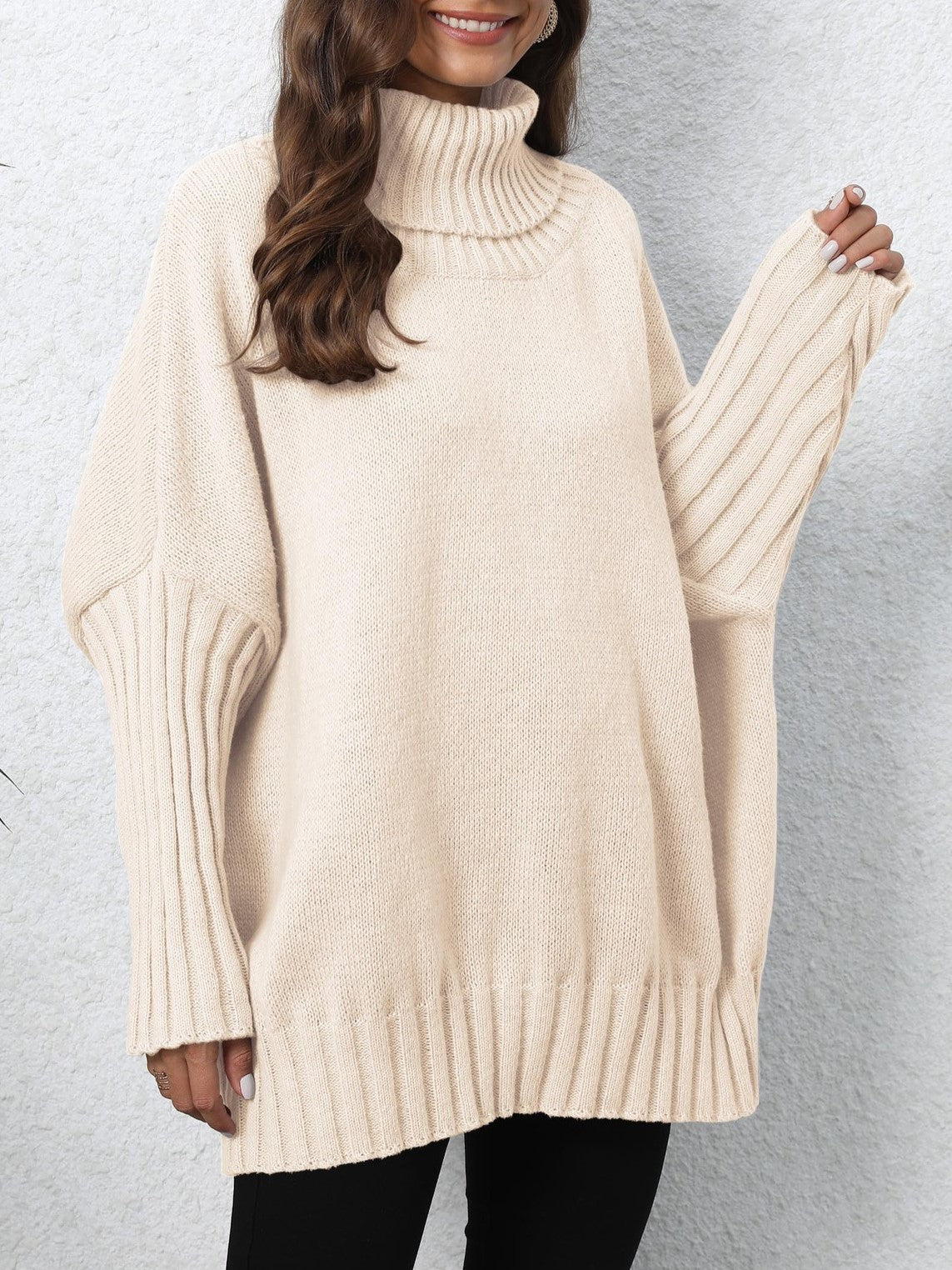 Oversized Turtleneck Ribbed Sleeve Tunic Sweater - Beige