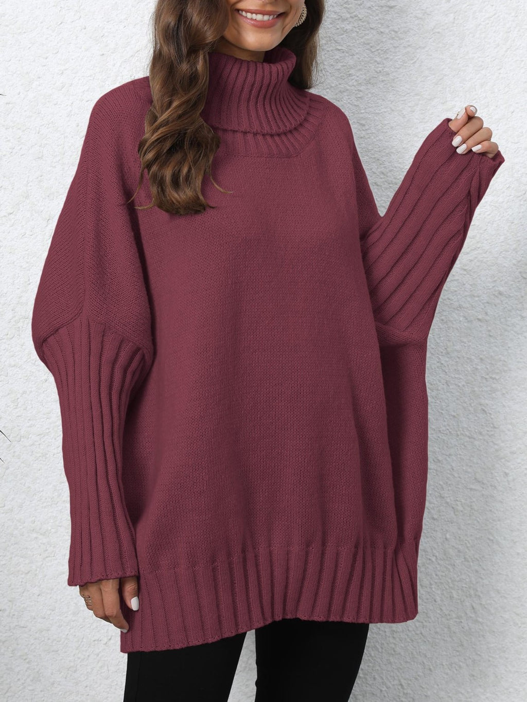 Oversized Turtleneck Ribbed Sleeve Tunic Sweater - Burgundy