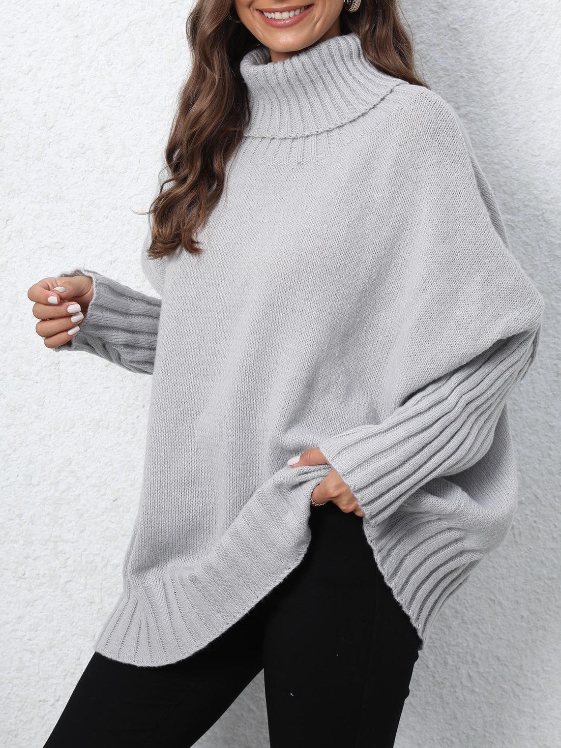 Oversized Turtleneck Ribbed Sleeve Tunic Sweater - Grey