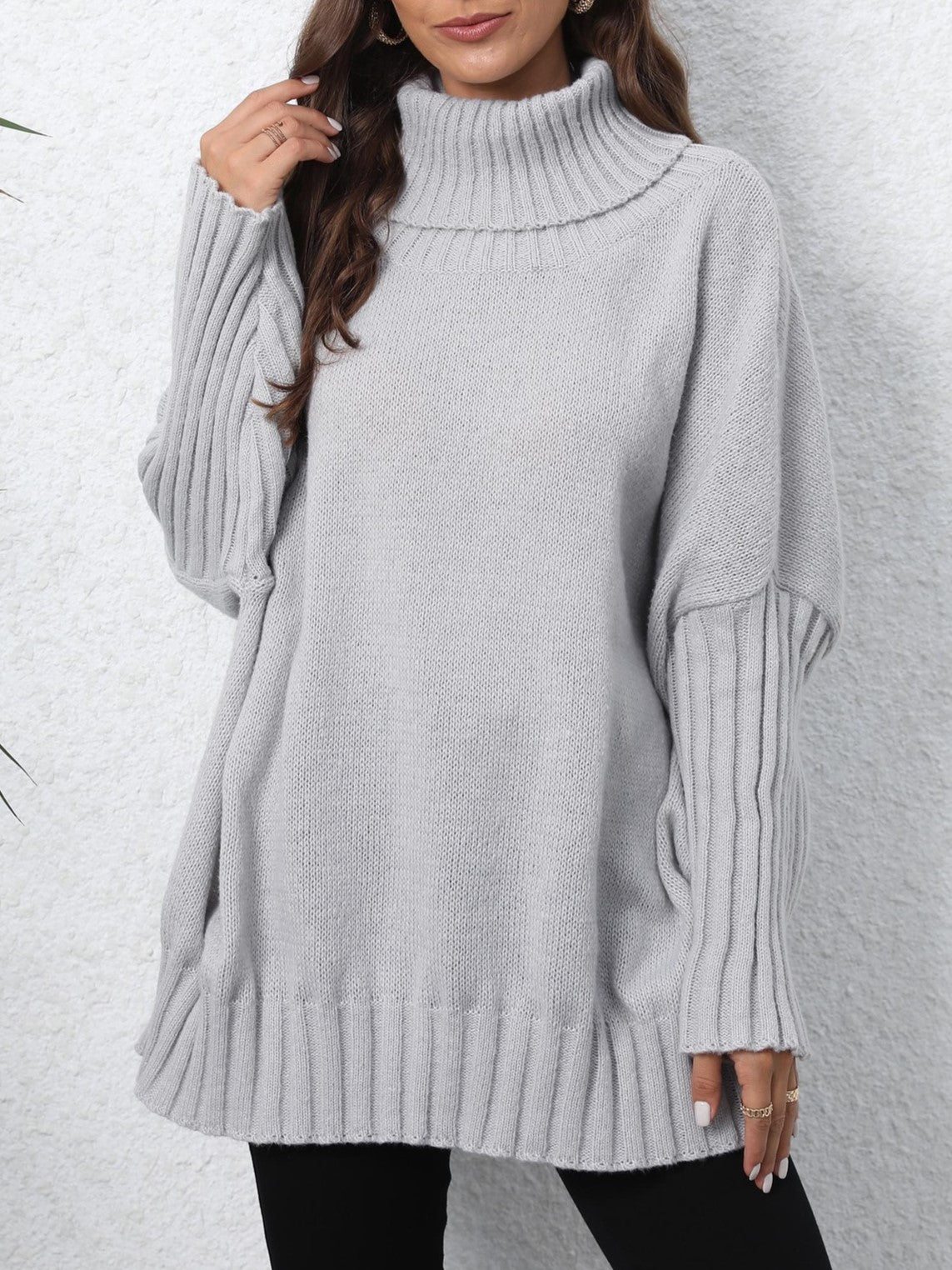 Oversized Turtleneck Ribbed Sleeve Tunic Sweater - Grey - 1