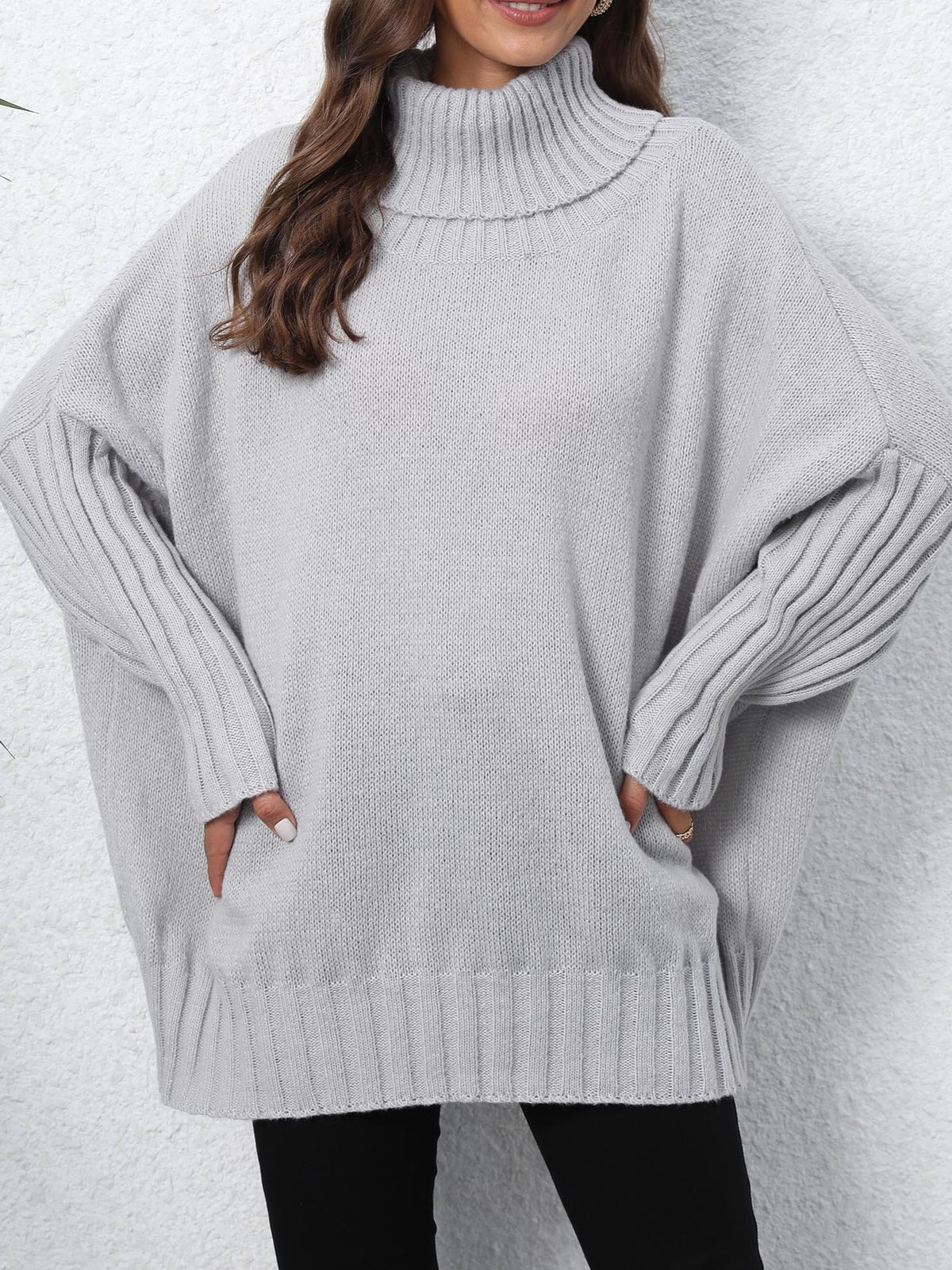 Oversized Turtleneck Ribbed Sleeve Tunic Sweater - Grey - 2