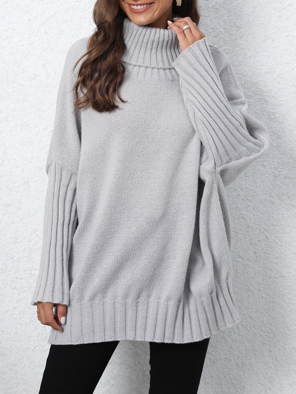 Oversized Turtleneck Ribbed Sleeve Tunic Sweater - Grey - 3