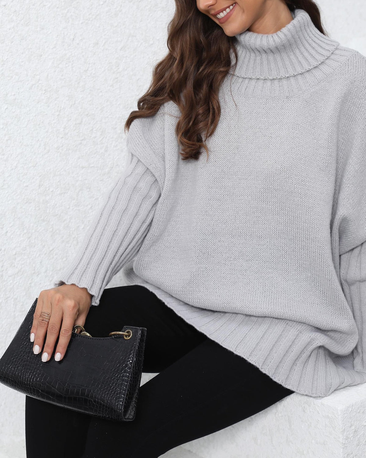 Oversized Turtleneck Ribbed Sleeve Tunic Sweater - Grey - 4