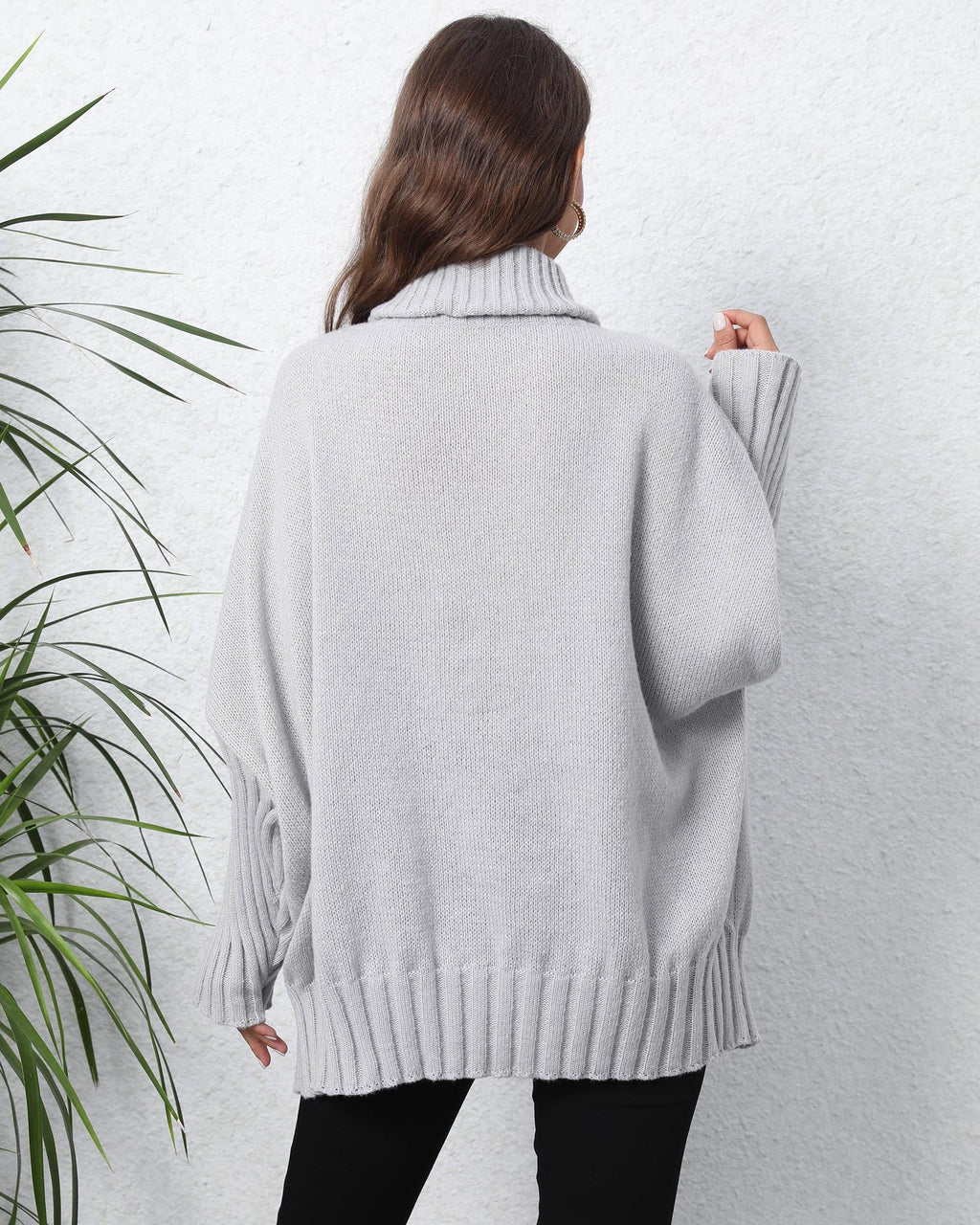 Oversized Turtleneck Ribbed Sleeve Tunic Sweater - Grey - 5