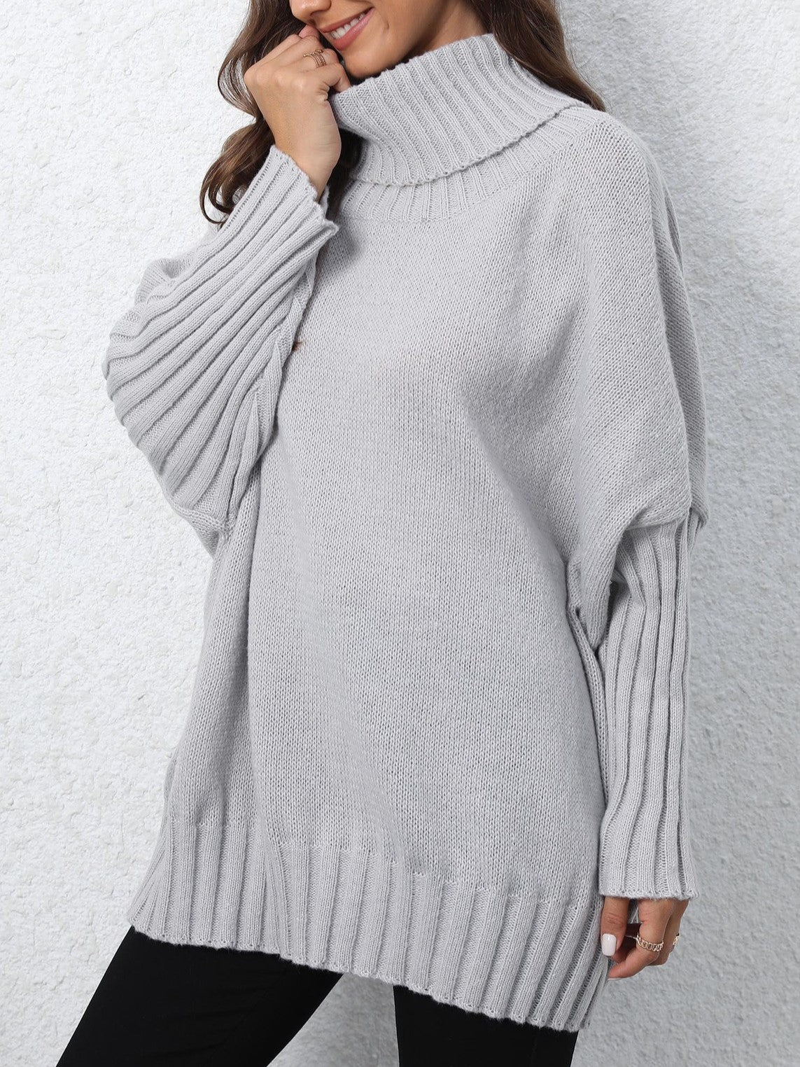 Oversized Turtleneck Ribbed Sleeve Tunic Sweater - Grey - 6