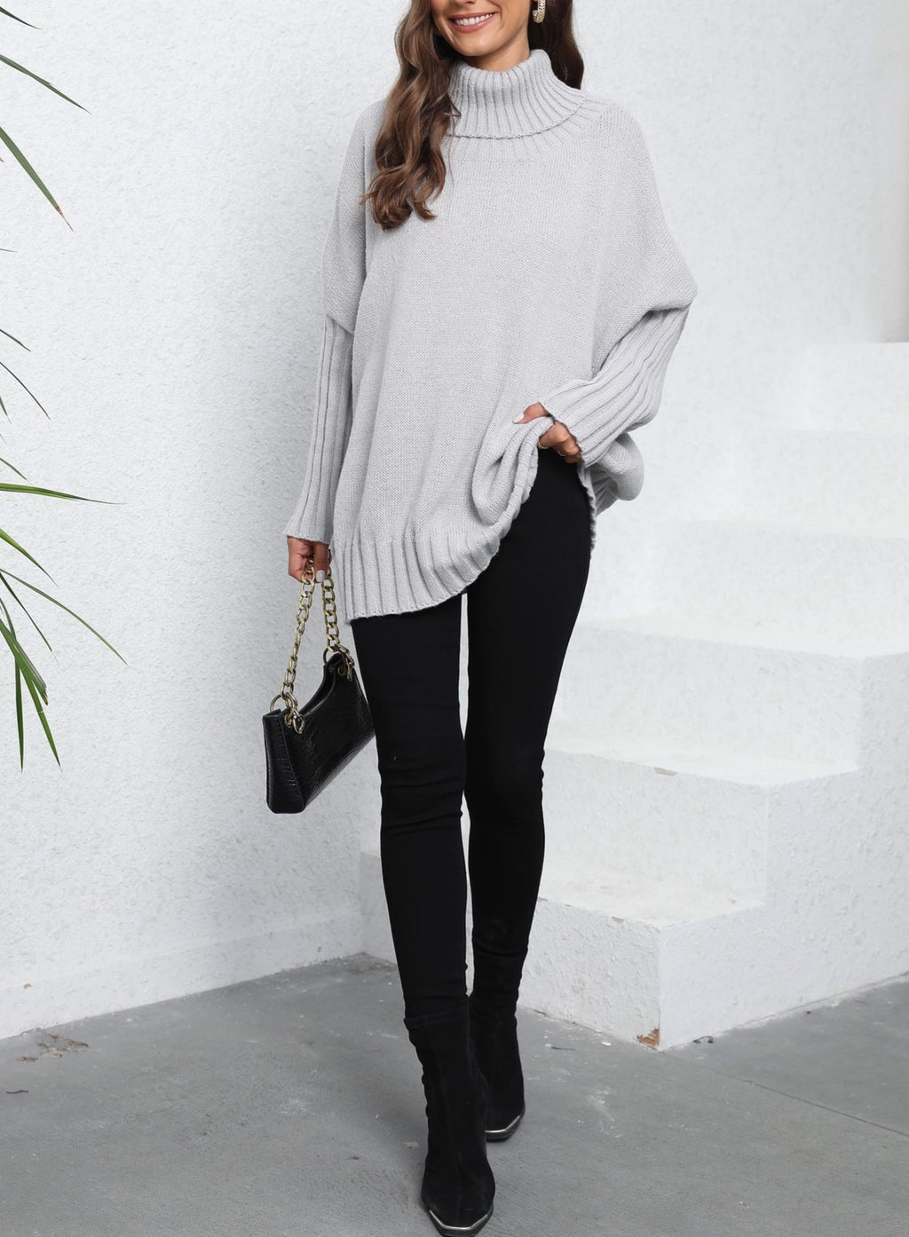 Oversized Turtleneck Ribbed Sleeve Tunic Sweater - Grey - 7