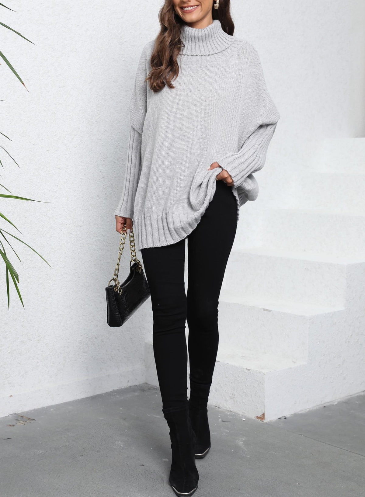 Oversized Turtleneck Ribbed Sleeve Tunic Sweater - Grey - 7
