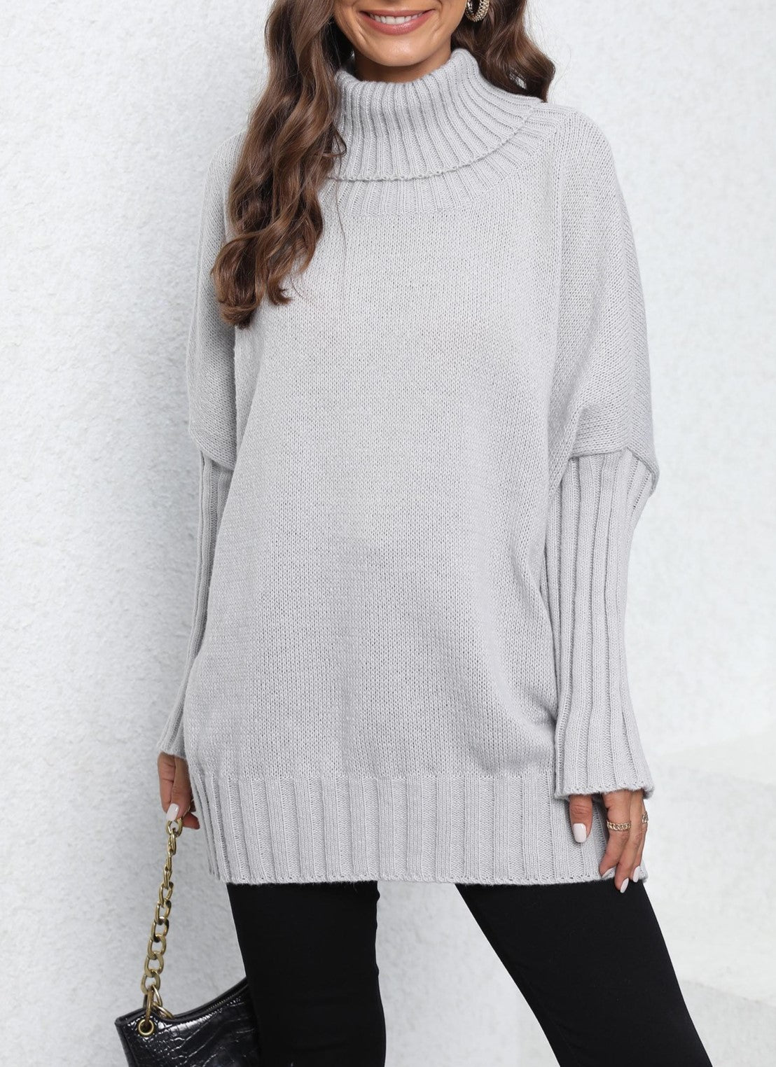 Oversized Turtleneck Ribbed Sleeve Tunic Sweater - Grey - 8