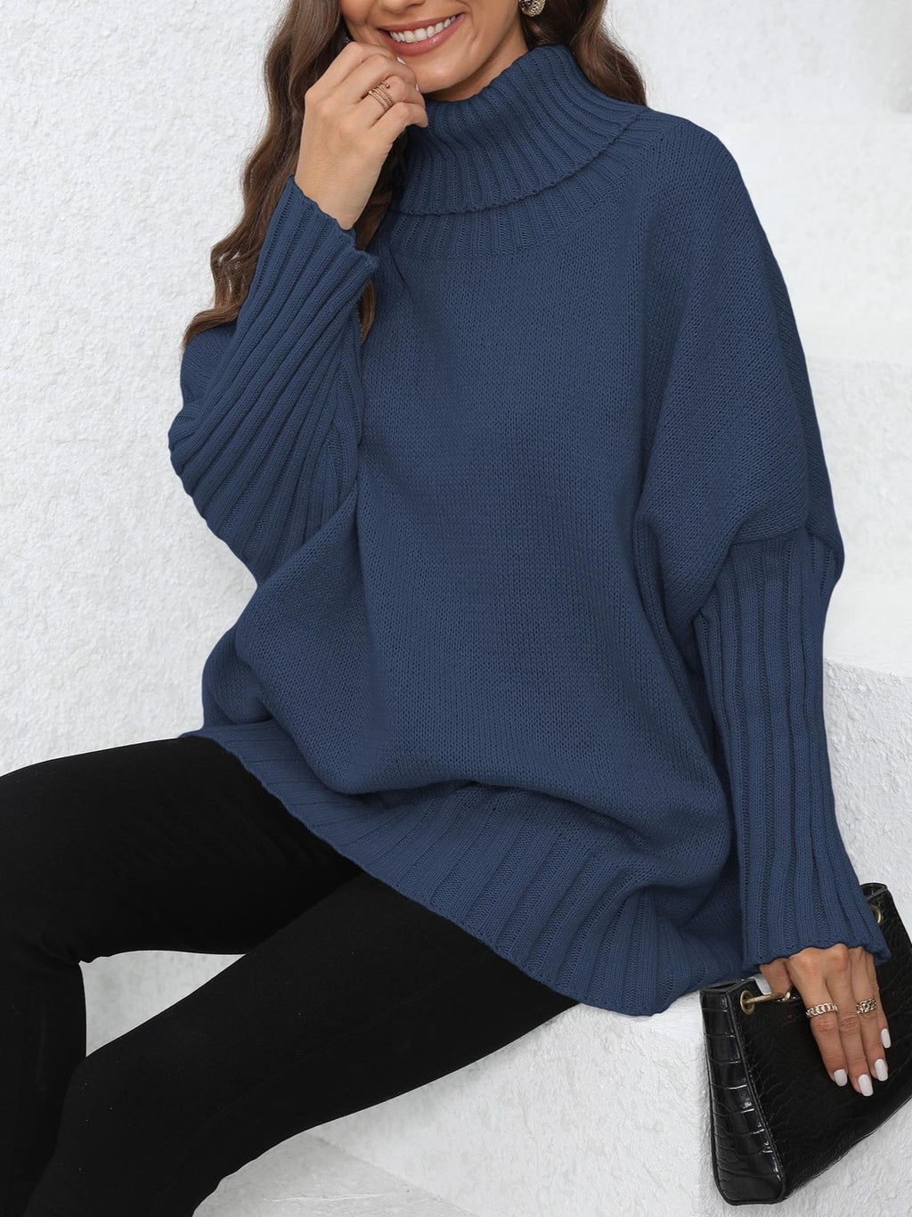 Oversized Turtleneck Ribbed Sleeve Tunic Sweater - Navy