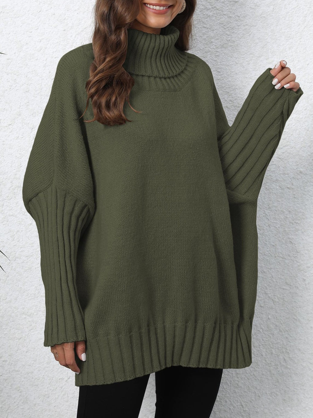Oversized Turtleneck Ribbed Sleeve Tunic Sweater - Olive