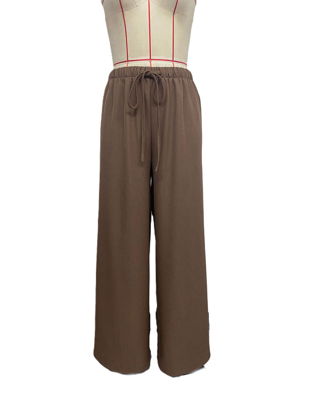 Drawstring Elastic Waist Wide Leg Pants - Brown - 1