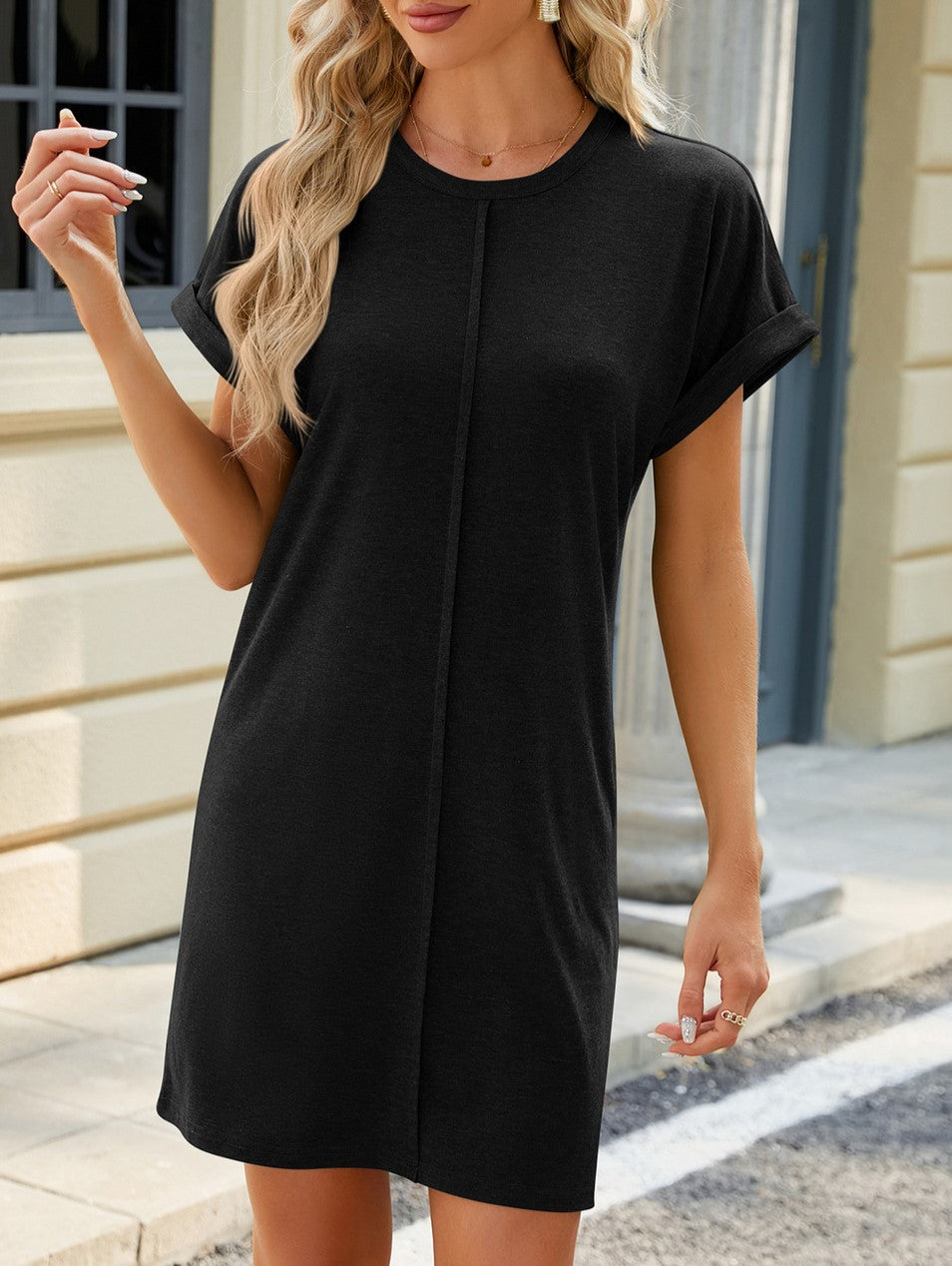 Center Seam Rolled Cuff T Shirt Dress - Black - 2