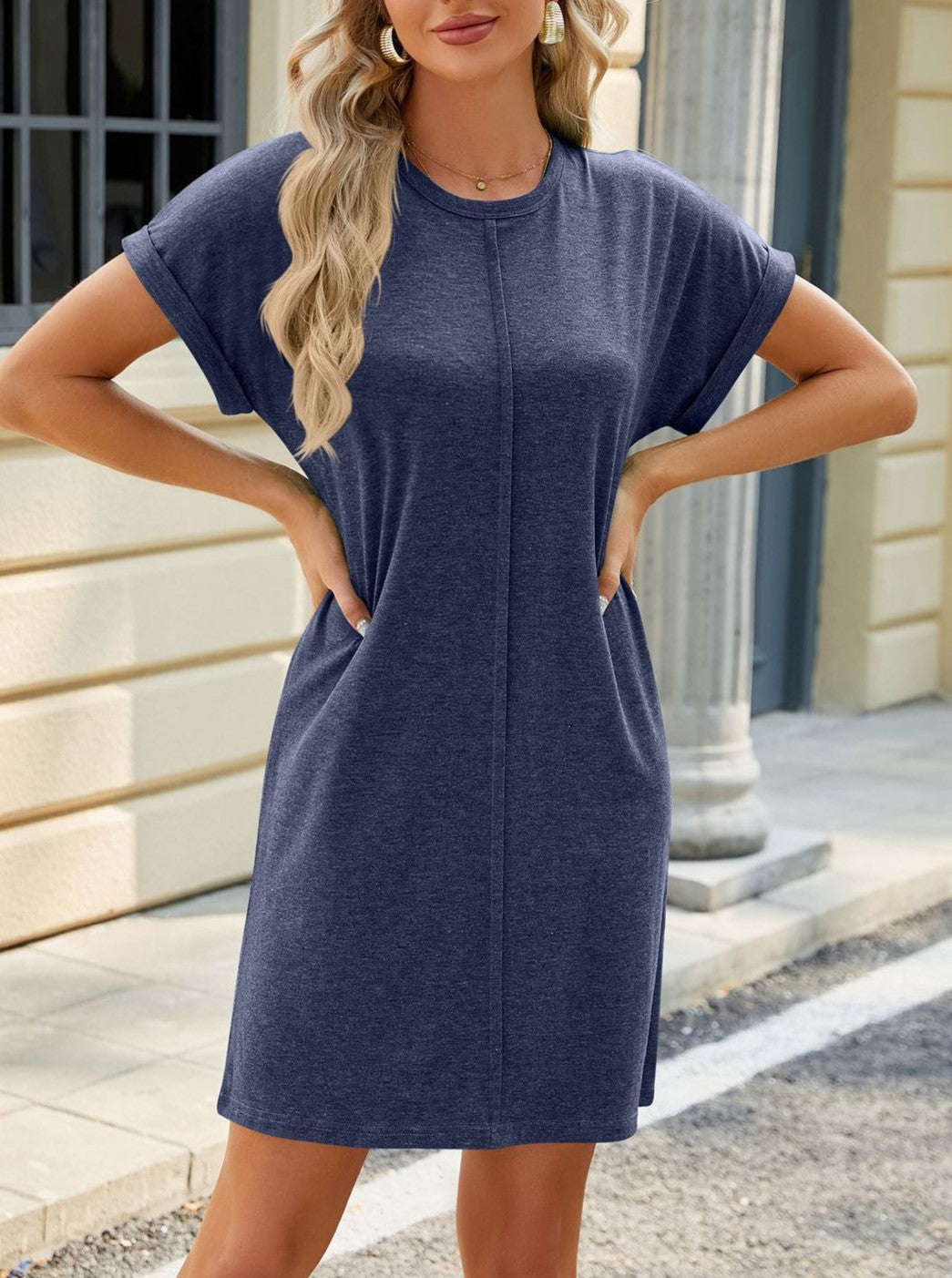 Center Seam Rolled Cuff T Shirt Dress - Navyblue
