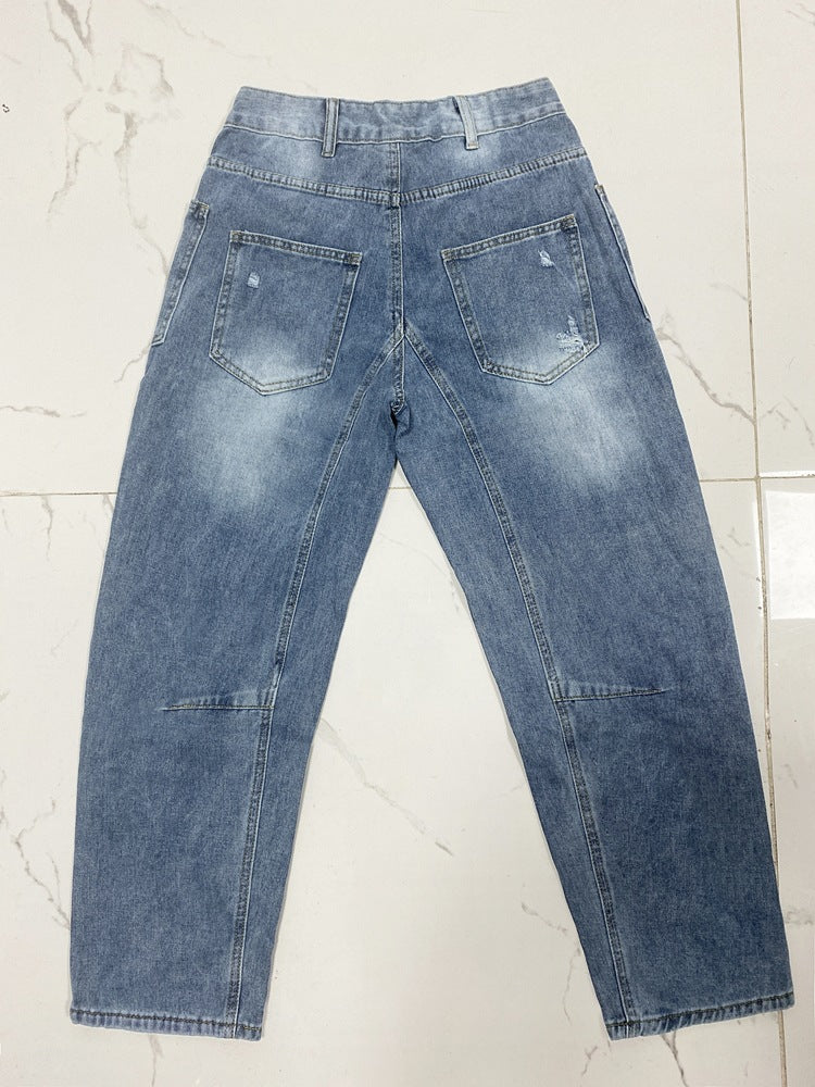 Distressed Straight Leg Baggy Carpenter Jeans - Blue - 1