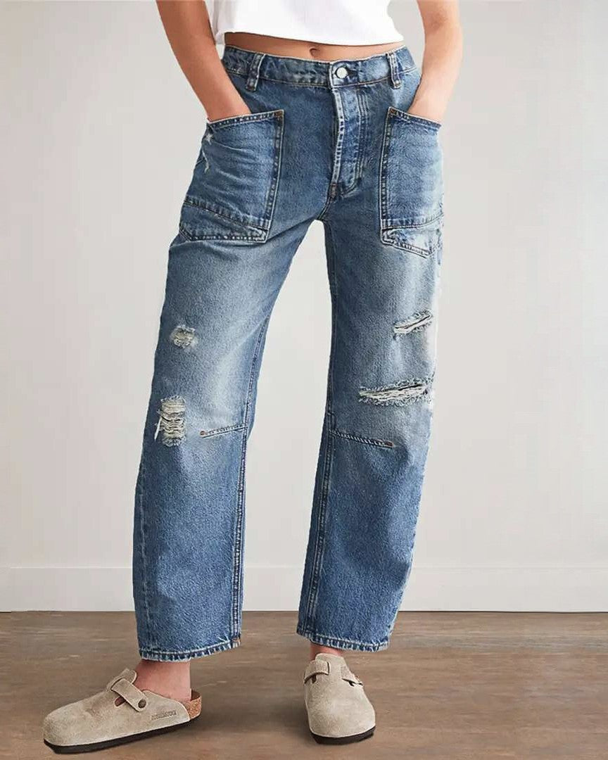 Distressed Straight Leg Baggy Carpenter Jeans - Blue - 2