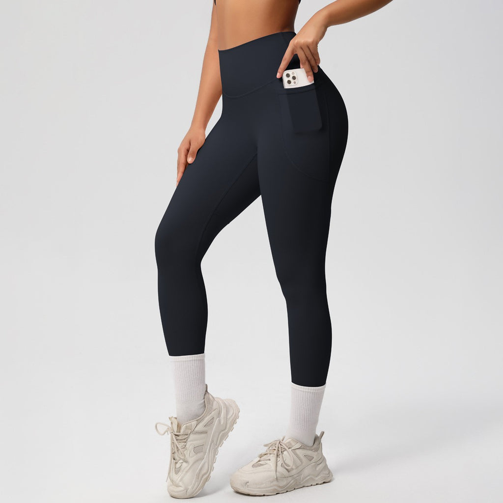 Double Brushed High Waist Side Pocket Yoga Leggings - Black