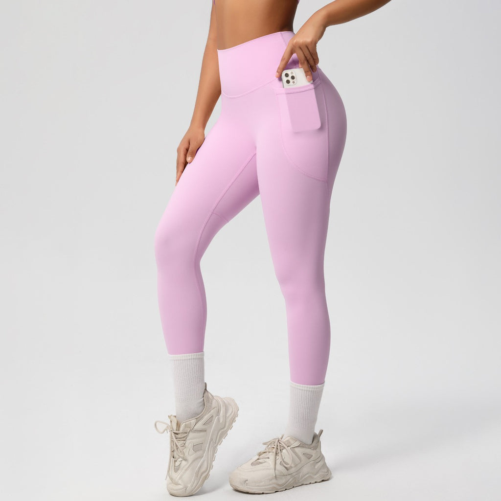 Double Brushed High Waist Side Pocket Yoga Leggings - Blossom Pink