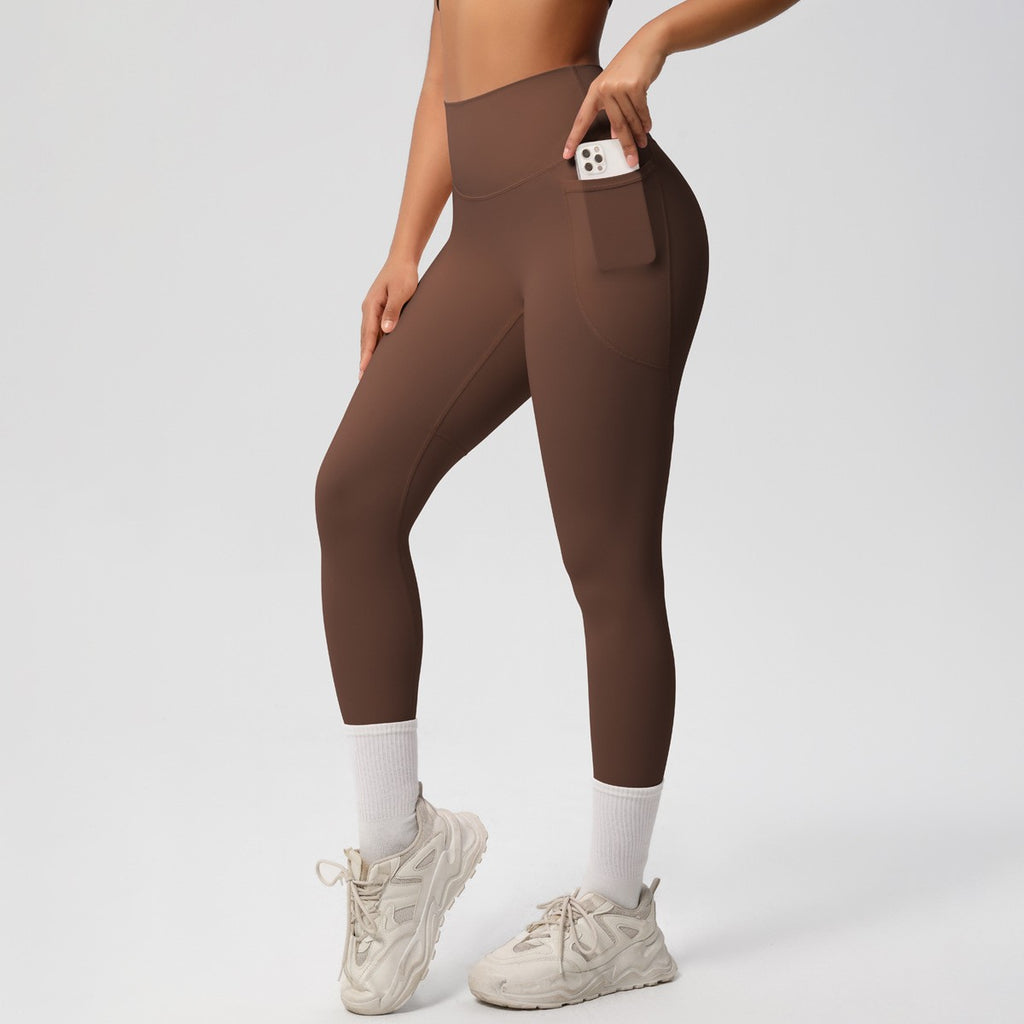 Double Brushed High Waist Side Pocket Yoga Leggings - Chestnut Brown