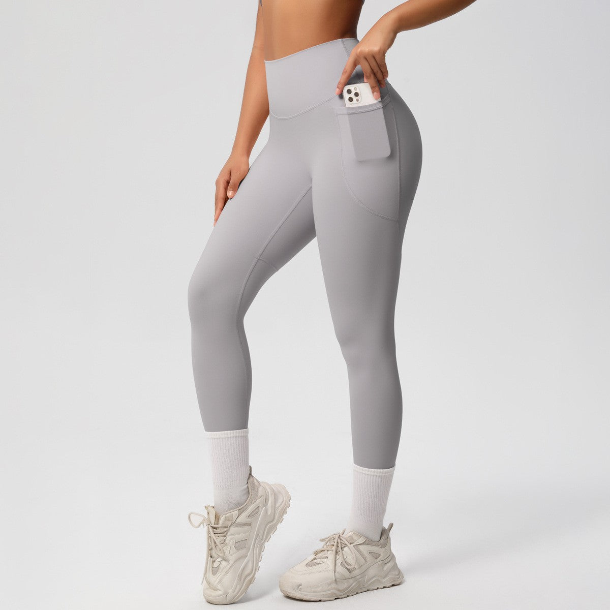 Double Brushed High Waist Side Pocket Yoga Leggings - Frost Gray