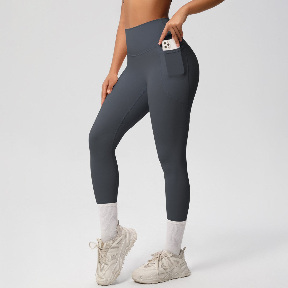 Double Brushed High Waist Side Pocket Yoga Leggings - Graphite