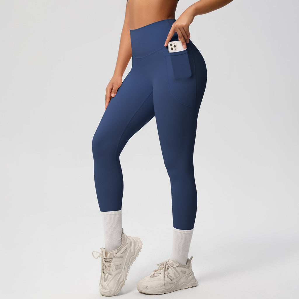 Double Brushed High Waist Side Pocket Yoga Leggings - Navy Blue