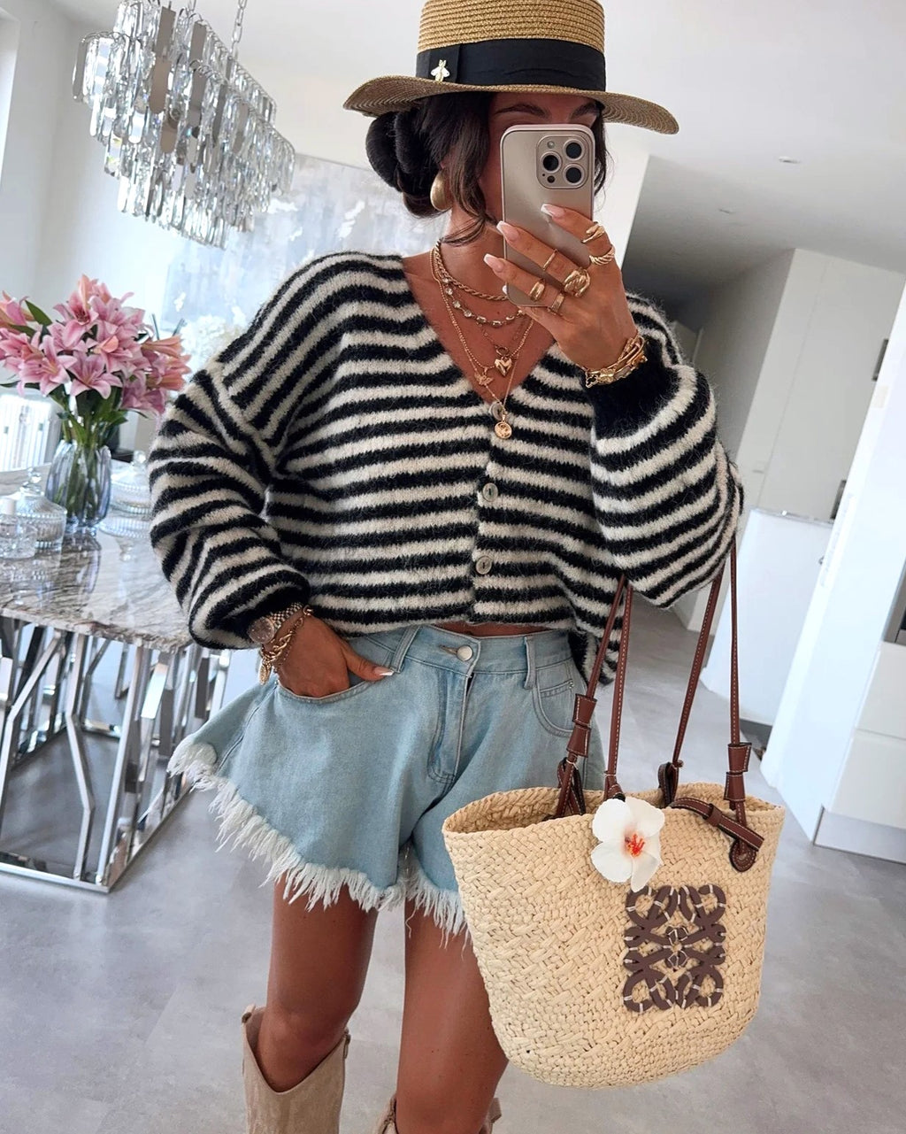 Chunky Stripe Balloon Sleeve Cardigan - Black