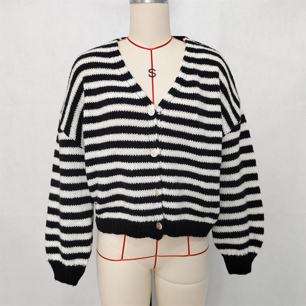 Chunky Stripe Balloon Sleeve Cardigan - Black - 1