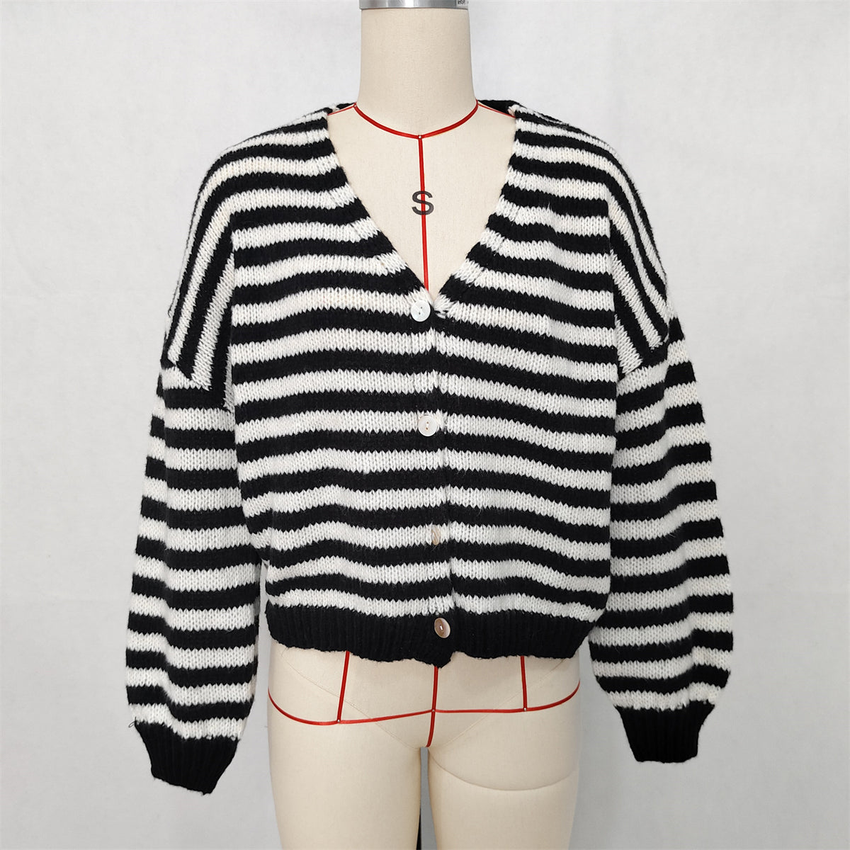 Chunky Stripe Balloon Sleeve Cardigan - Black - 1