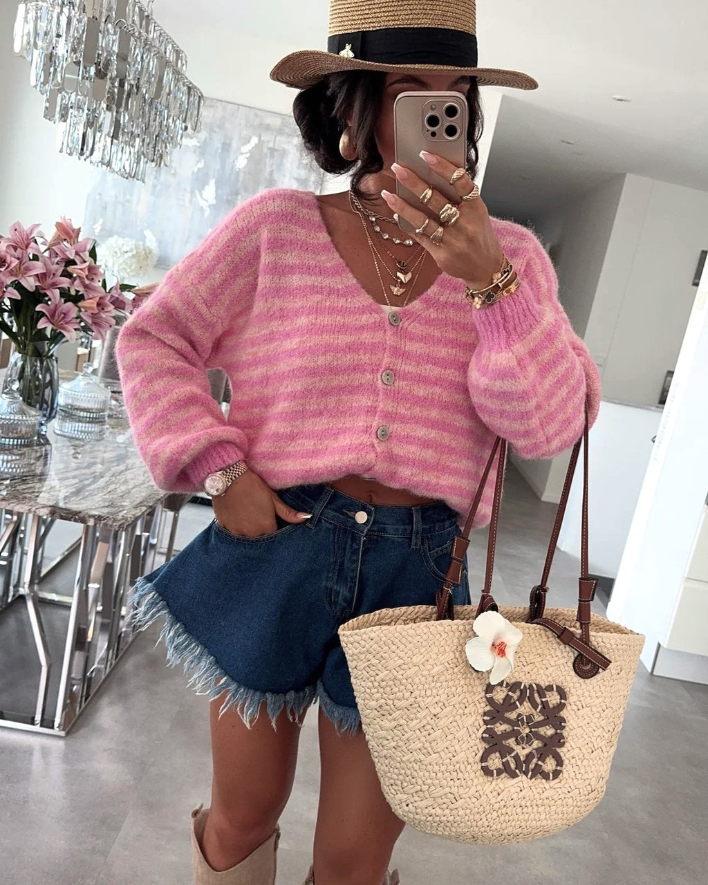 Chunky Stripe Balloon Sleeve Cardigan - Pink