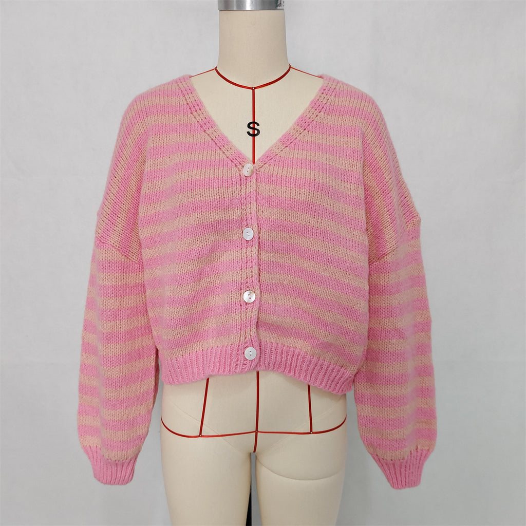 Chunky Stripe Balloon Sleeve Cardigan - Pink - 1