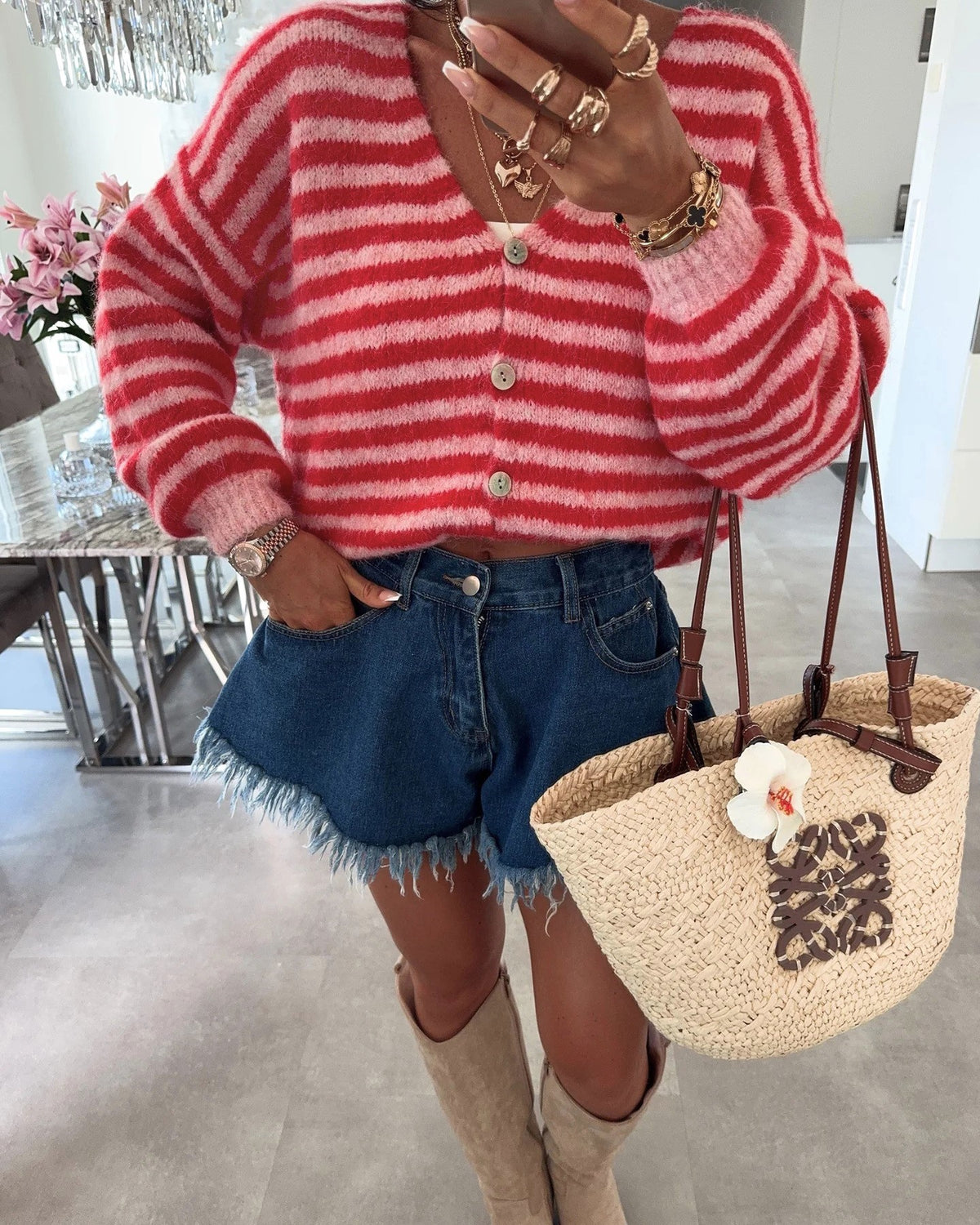 Chunky Stripe Balloon Sleeve Cardigan - Red