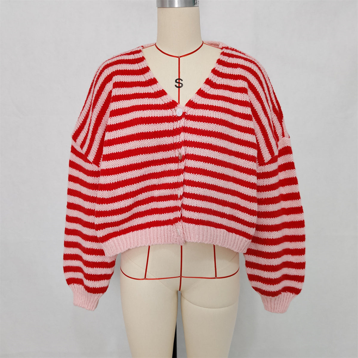 Chunky Stripe Balloon Sleeve Cardigan - Red - 1