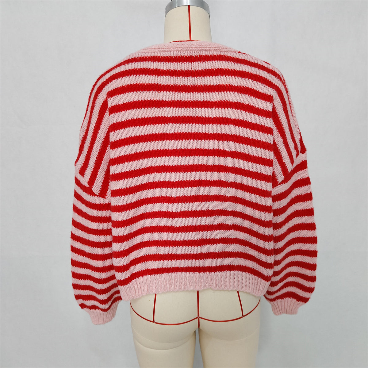 Chunky Stripe Balloon Sleeve Cardigan - Red - 2