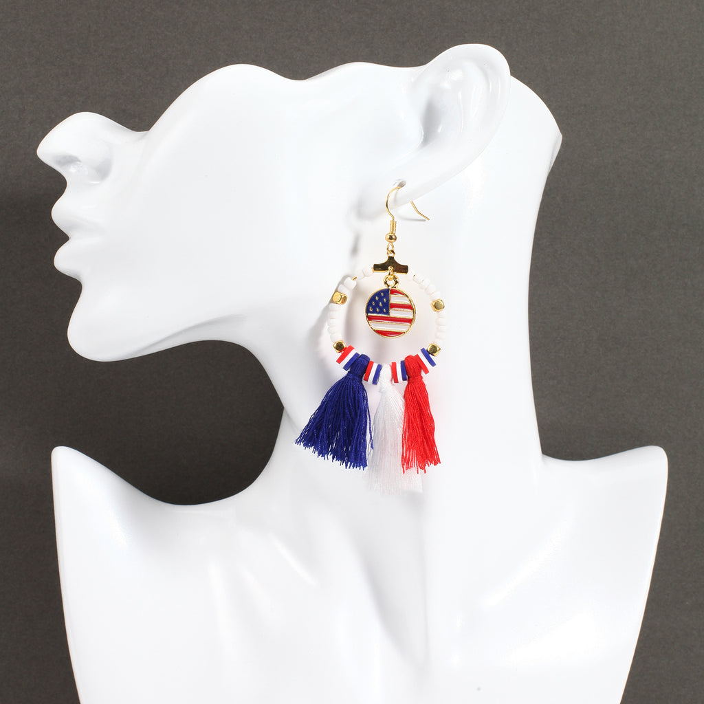 Americana Beaded Hoop Dangle Earrings - CircleTassel