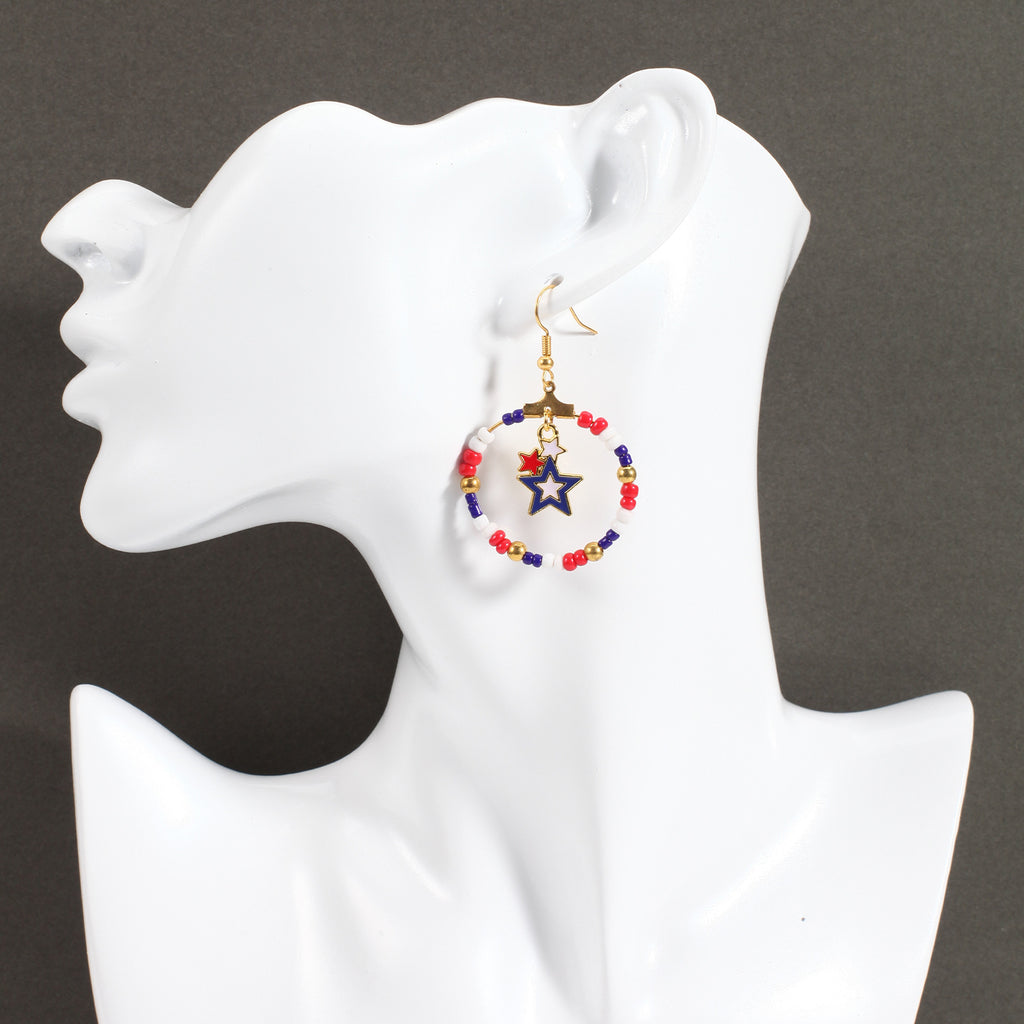 Americana Beaded Hoop Dangle Earrings - Star