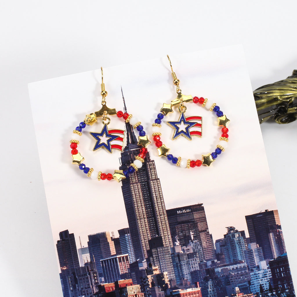 Americana Beaded Hoop Dangle Earrings - StarFlag  - 1