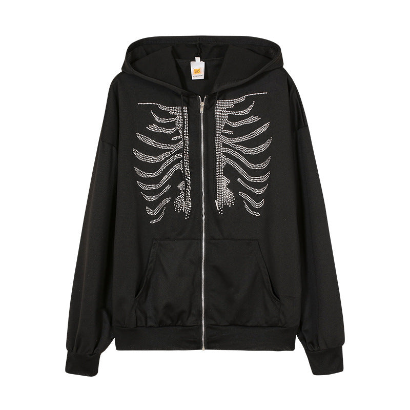 Rhinestone Skeleton Zip Up Hoodie - black