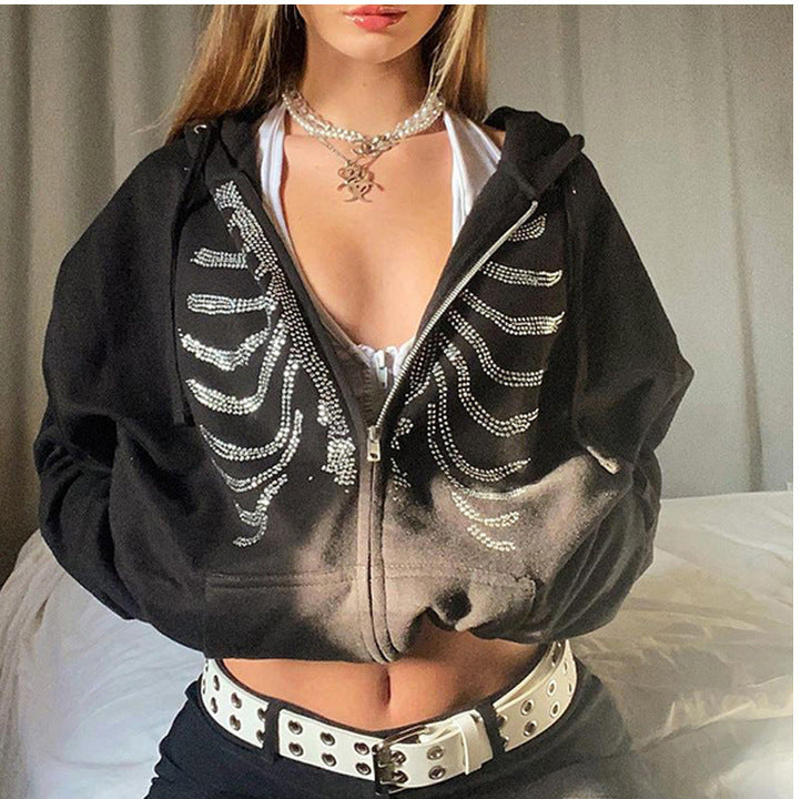 Rhinestone Skeleton Zip Up Hoodie