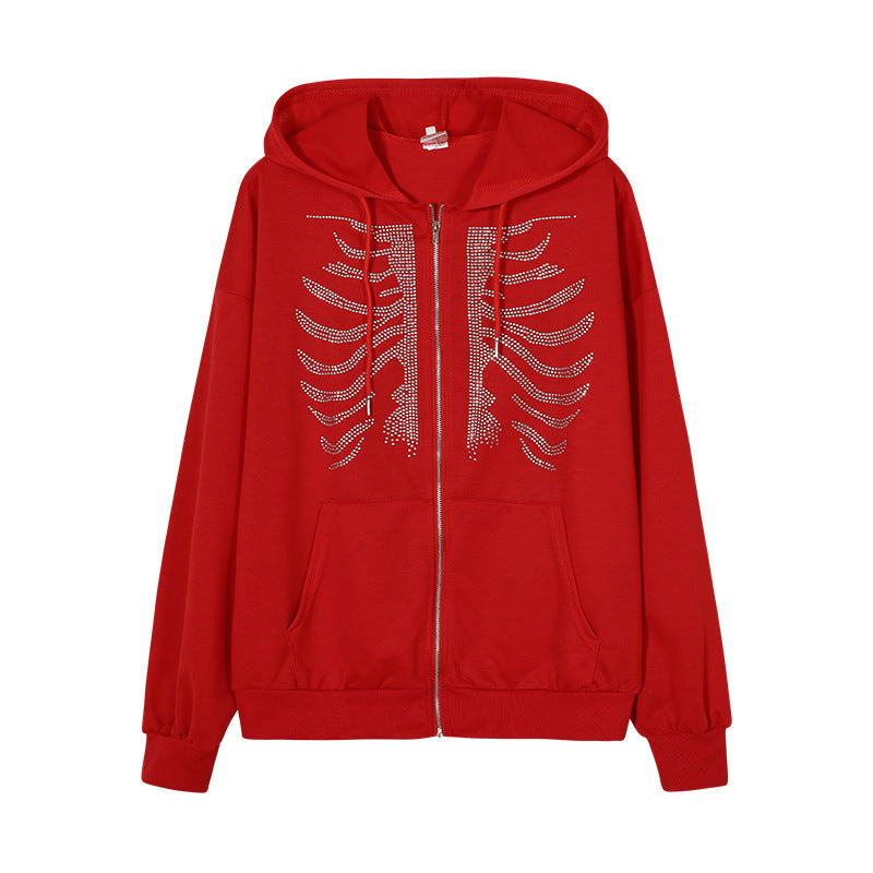 Rhinestone Skeleton Zip Up Hoodie - red