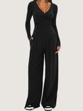 Ruched Wrap Top Wide Leg Yoga Pants Set - Black Long Sleeve