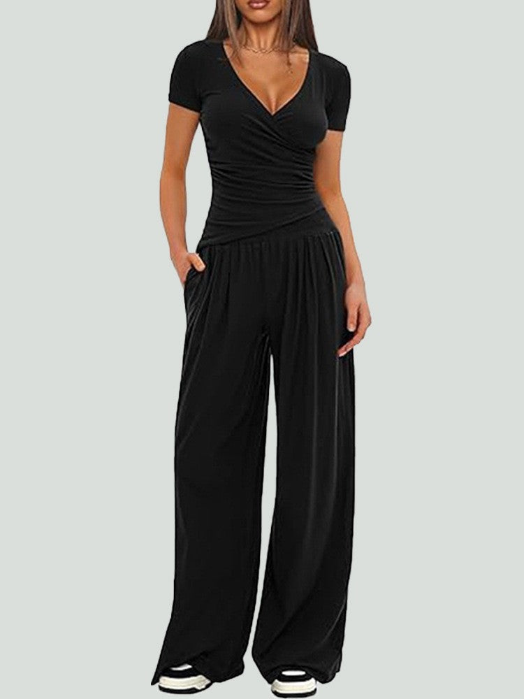 Ruched Wrap Top Wide Leg Yoga Pants Set - Black Short Sleeve