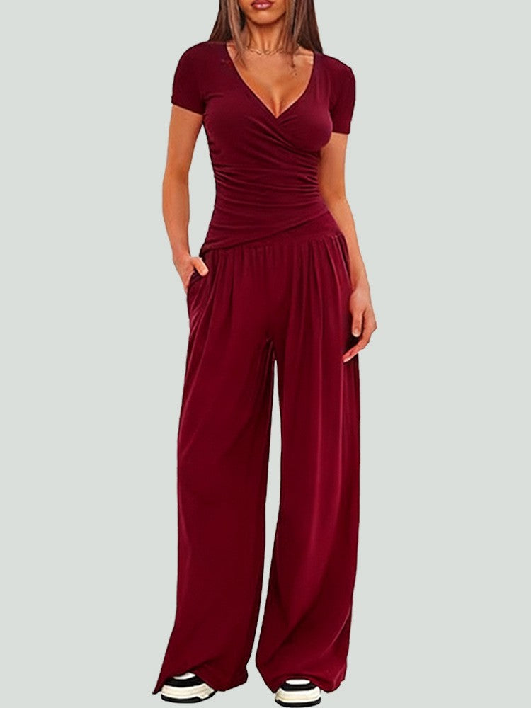 Ruched Wrap Top Wide Leg Yoga Pants Set - Burgundy Short Sleeve