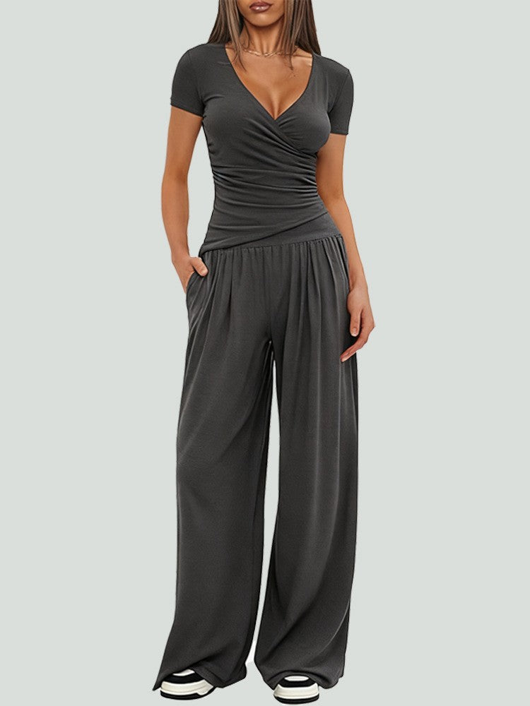 Ruched Wrap Top Wide Leg Yoga Pants Set - Charcoal Short Sleeve