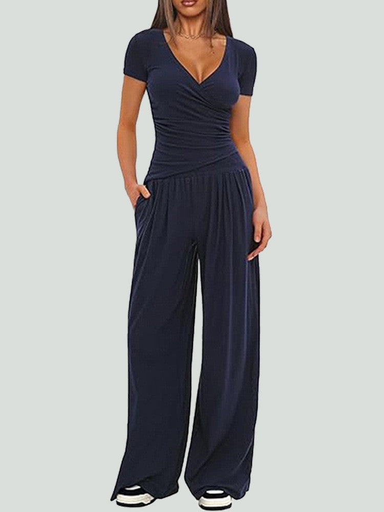 Ruched Wrap Top Wide Leg Yoga Pants Set - Navy Short Sleeve