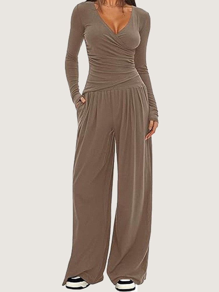Ruched Wrap Top Wide Leg Yoga Pants Set